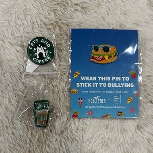 Hollister, Starbucks lot of five pins. Cats, Coffee, Good, hamburger, and Pride